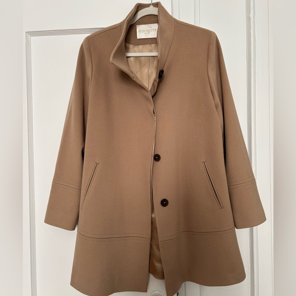 Fleurette women’s wool coat with stand collar, camel, size 12
